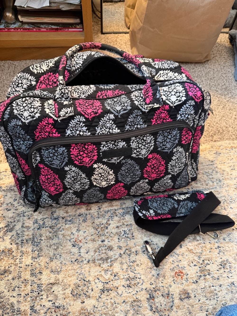 Quilted Floral Travel Duffel Bag - Pink, Gray & White